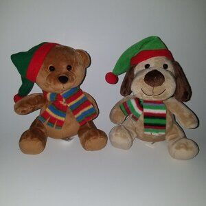 2 Caltoy Christmas Plush Lot Puppy Dog Teddy Bear Stuffed Toys Scarf Santa Hat